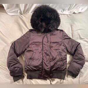 Theory Puffer Jacket Lee Anna Spritzer Brown Down Filled Fur Hooded Small Y2K